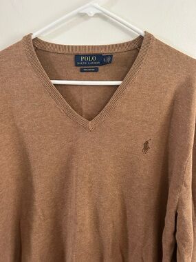 Polo Ralph Lauren Men's Pullover V Neck Pima Cotton Pony Sweater Brown Tan XL
